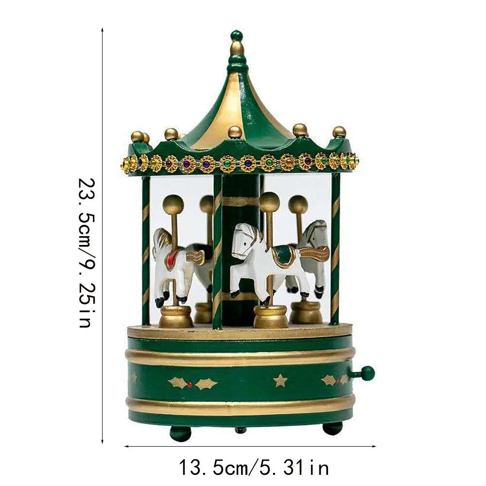 Decorative carousel with horses, green and gold colors, on a white background with measurements.