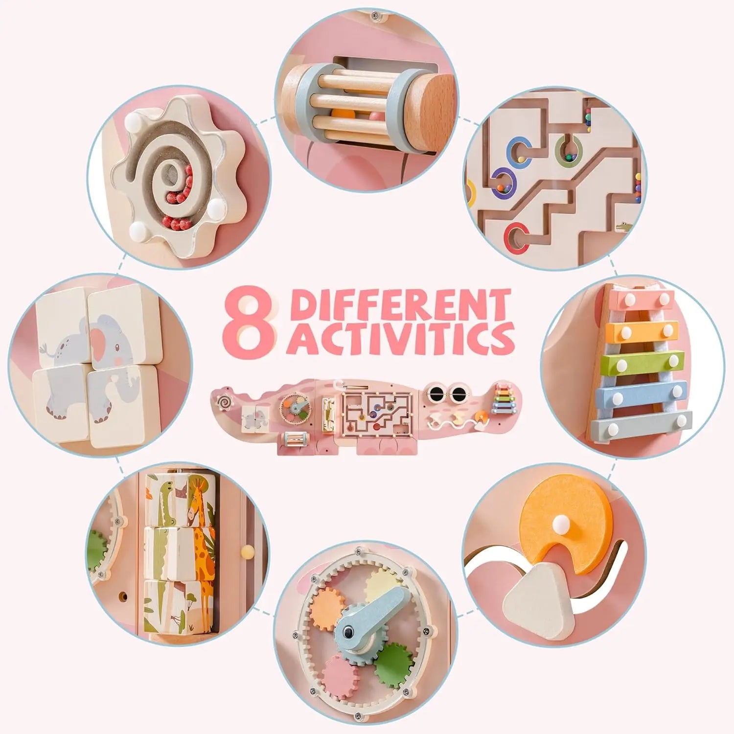 Set of wooden toys with various activities on a white background