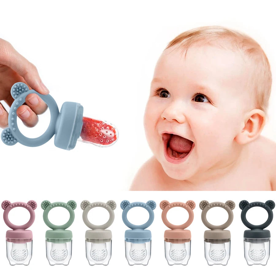 Happy baby with a bear silicone fresh food feeder in eight colors