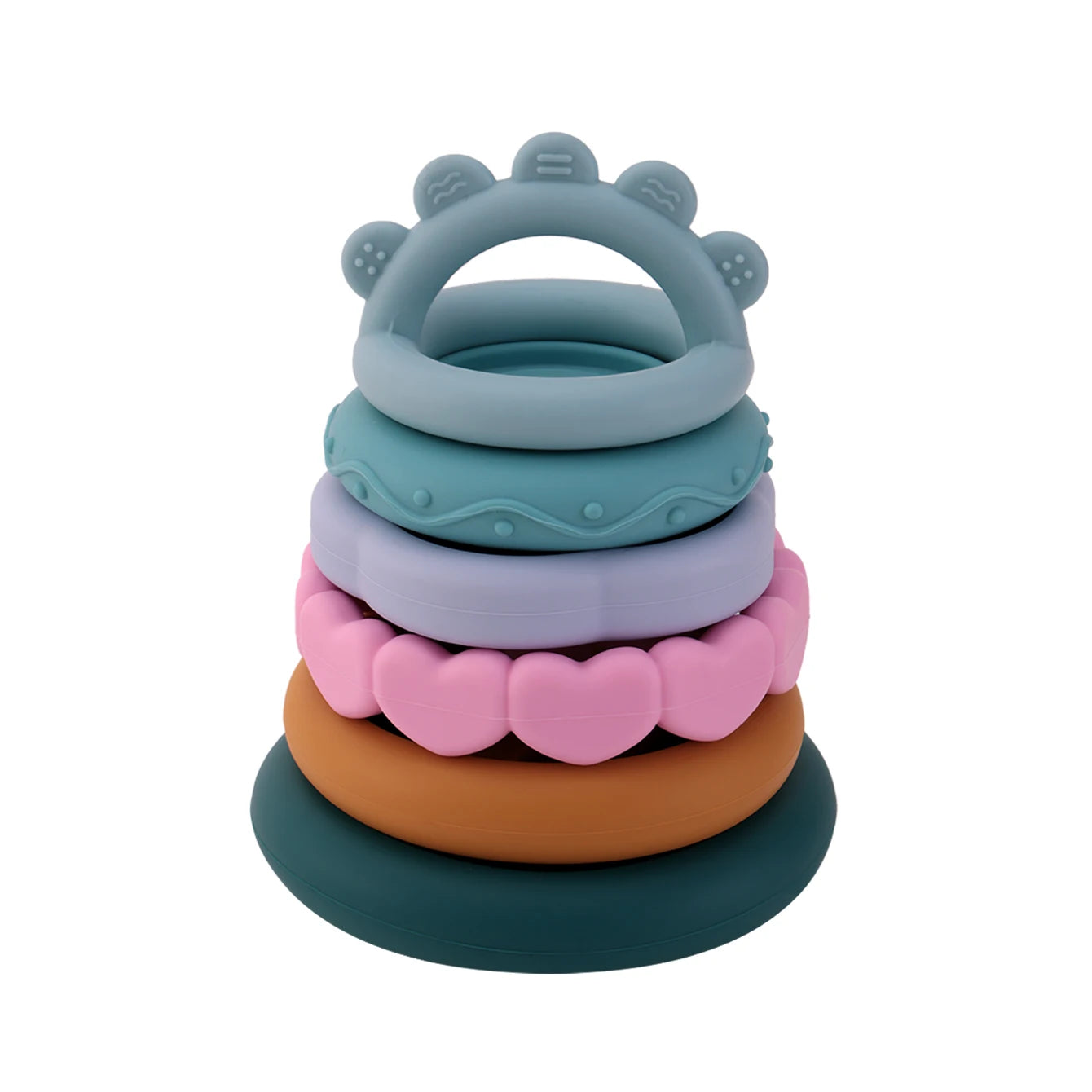 Stack of colorful baby teething rings on a white background