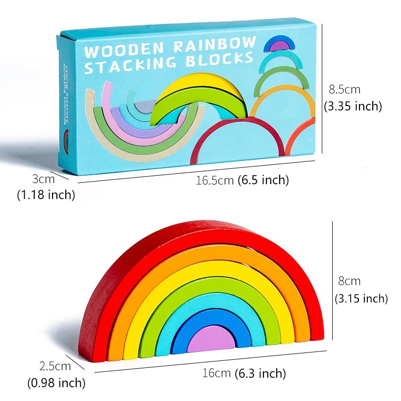 Wooden rainbow stacking blocks with packaging and measurements on a white background