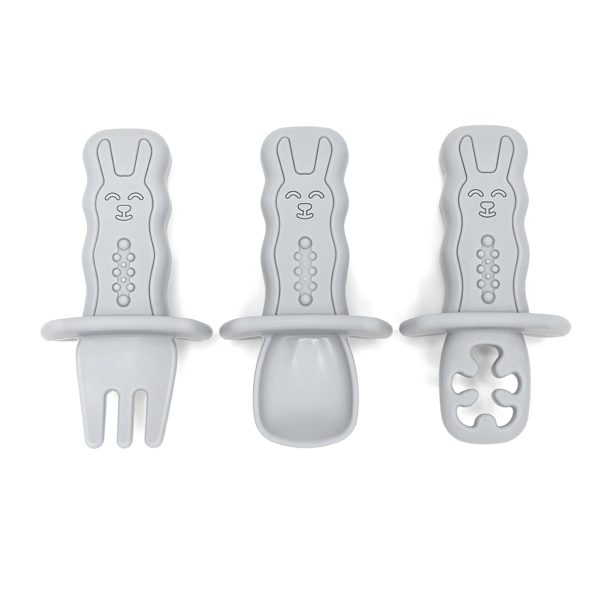 Set of three gray baby utensils with rabbit design on a white background