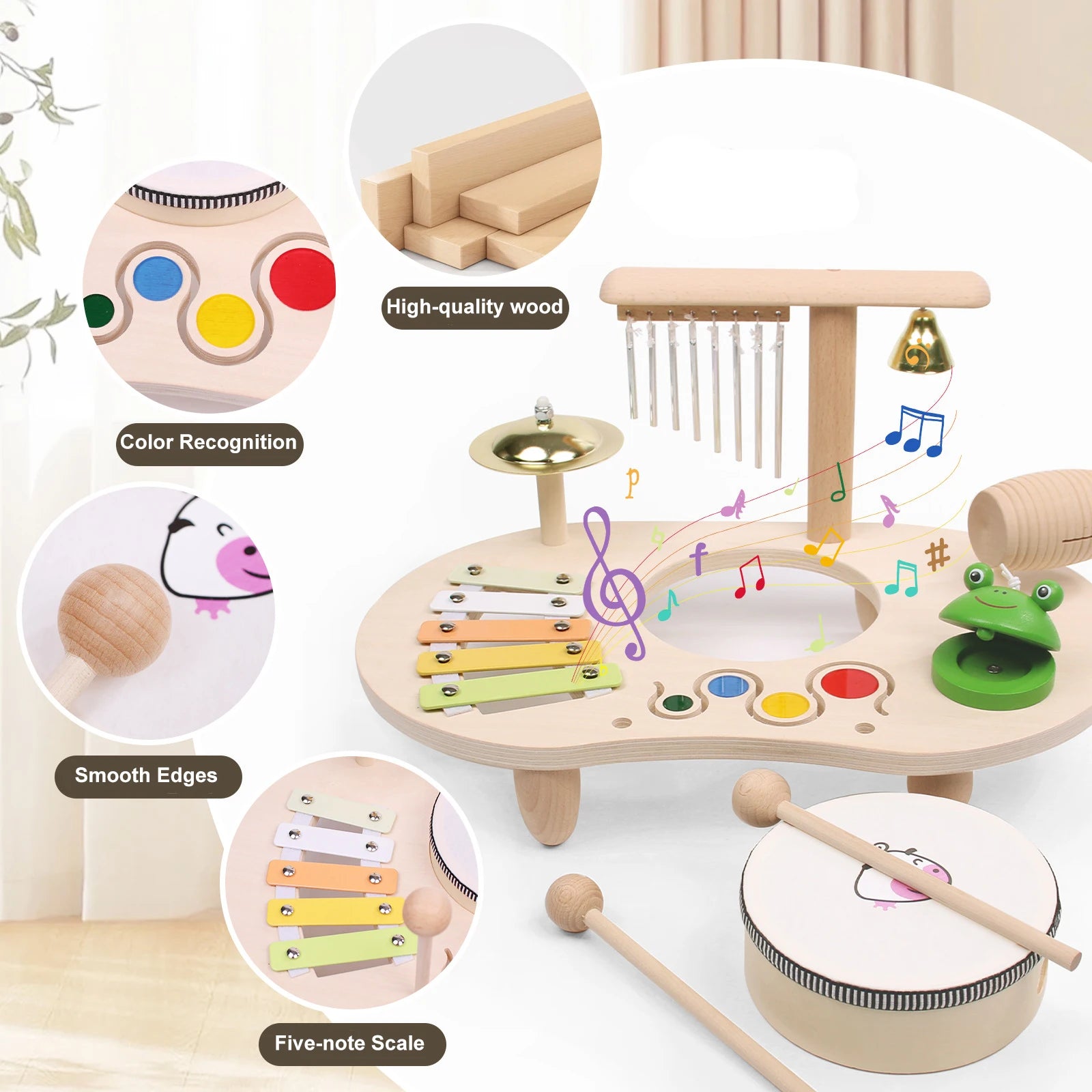 Wooden musical toy set with various instruments on a white background