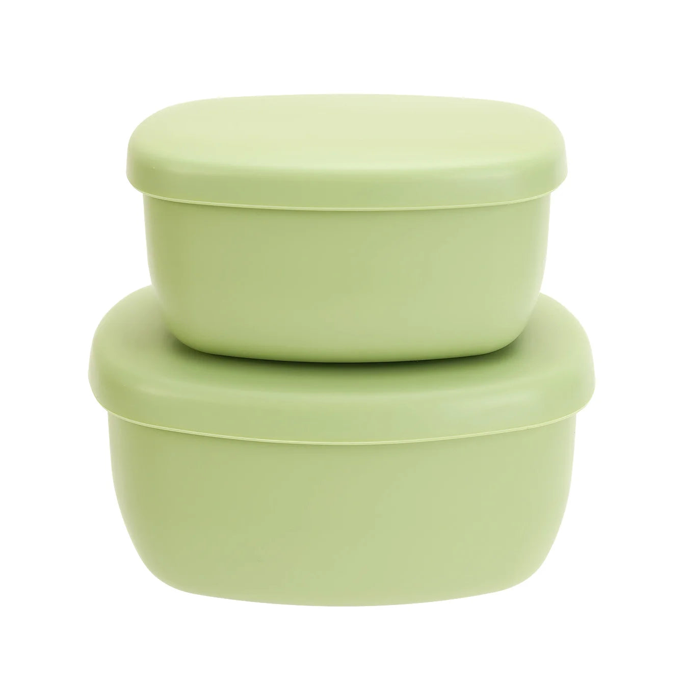 Two sage silicone food containers with lids