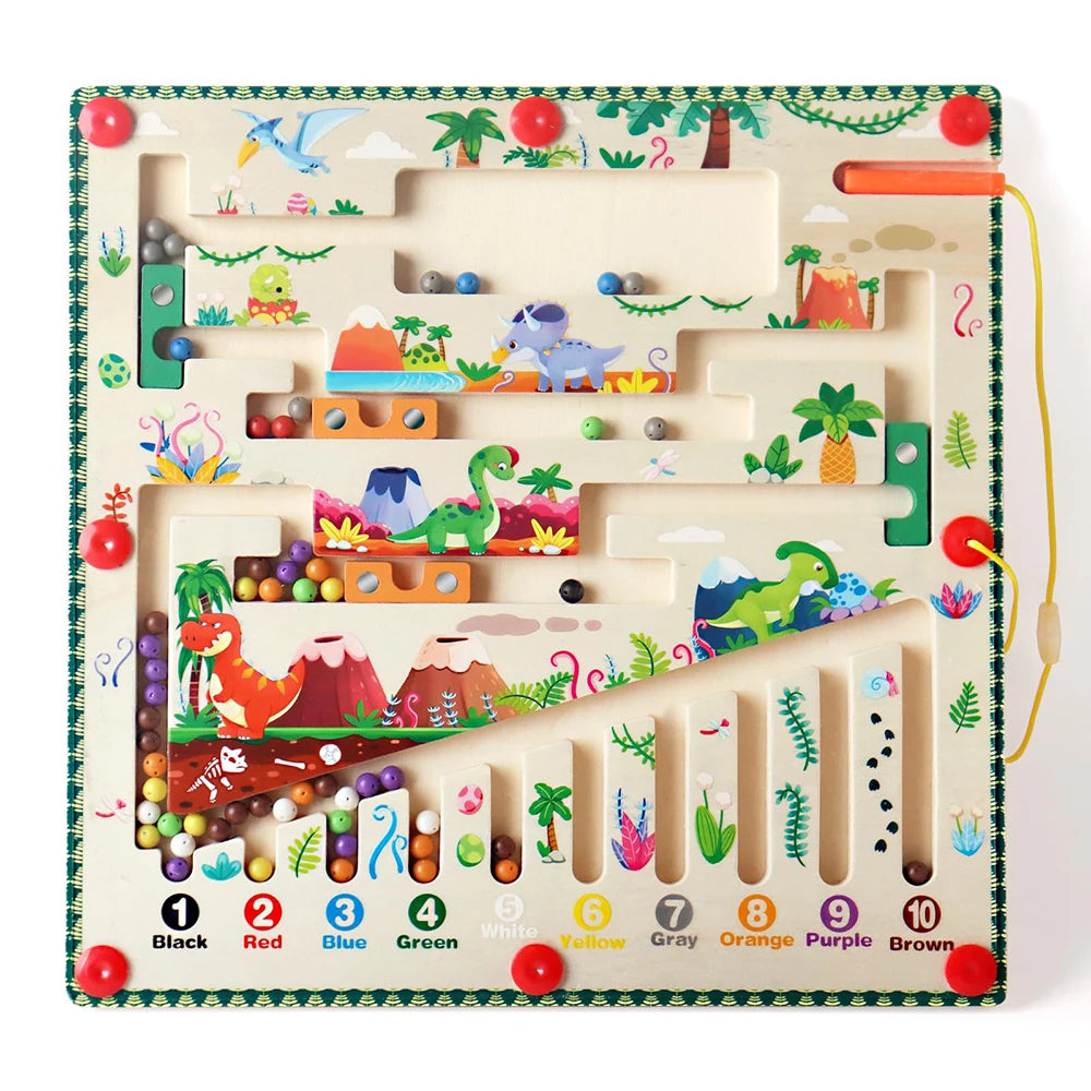 Wooden maze toy with colorful elements and educational features on a white background