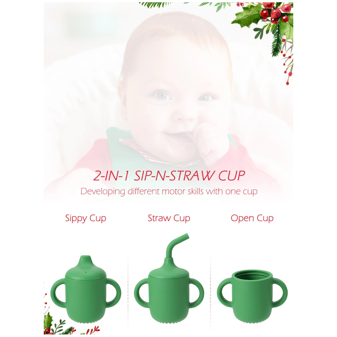 Silicone cup shown three ways: sippy cup, straw cup and open cup