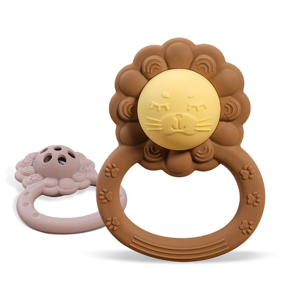 Teething ring with lion design on a white background