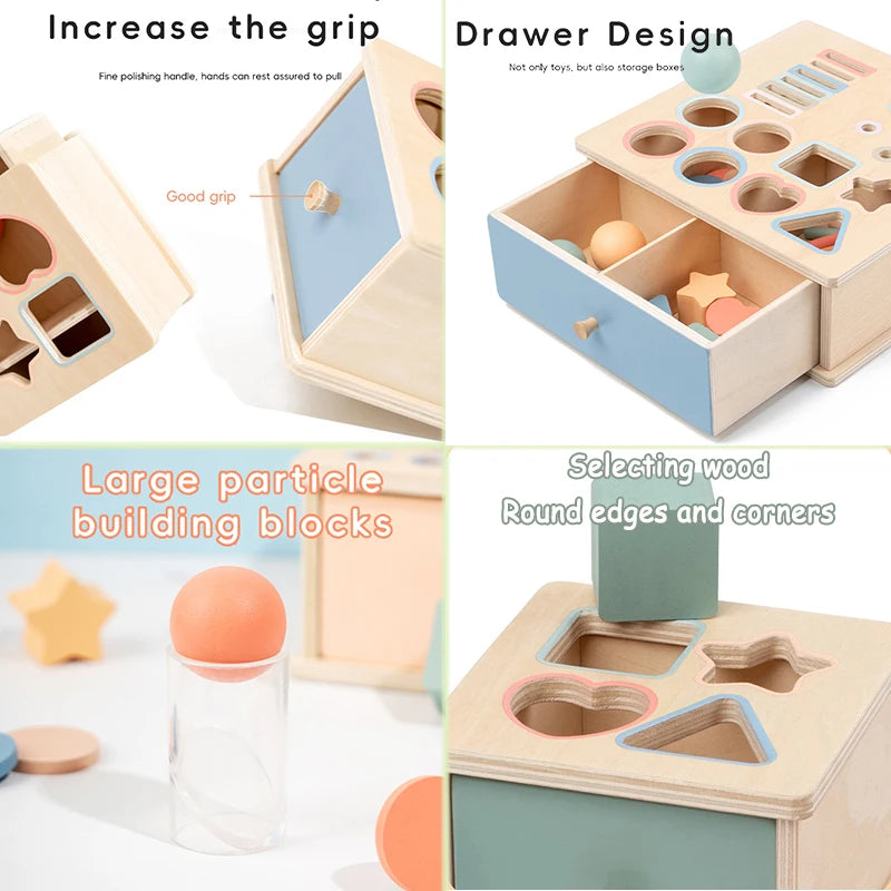 Collage of a wooden shape sorting toy with text highlighting features like grip, drawer design, building blocks, and safety features.