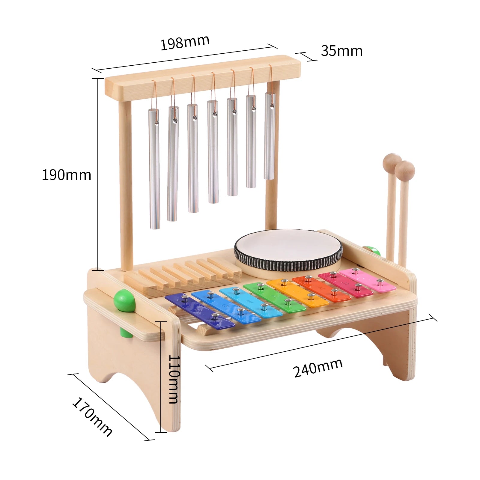 Wooden musical instrument set with measurements on a white background