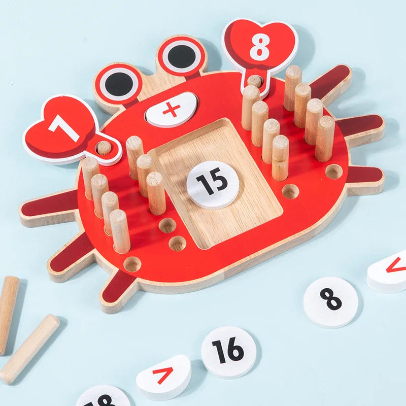 Wooden counting game with red crab-like shell and numbered cards on a light blue background