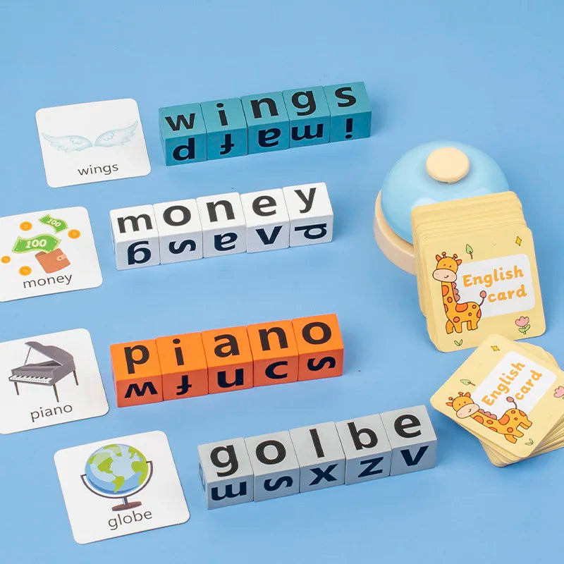 Educational toys including letter blocks and flashcards on a blue background