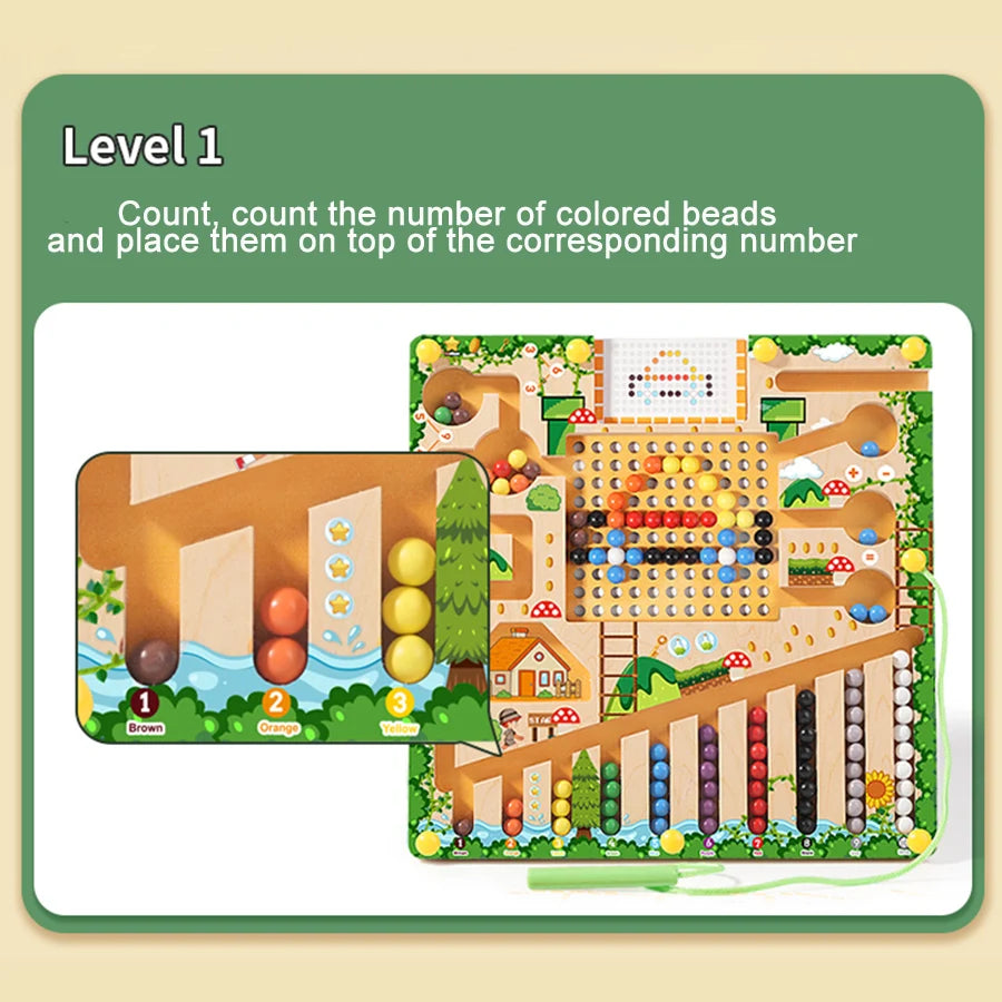 Educational game board with colorful beads and numbered slots on a green background