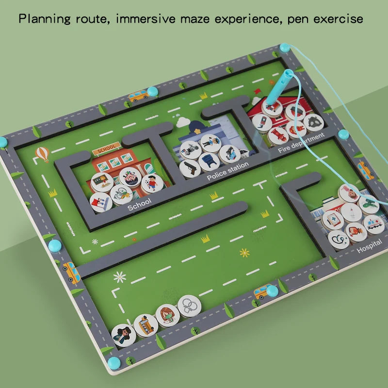 Toy maze with various landmarks and paths on a green background. Magnetic Sorting Game - Rescue & City Maze | Oliver Montessori Toys