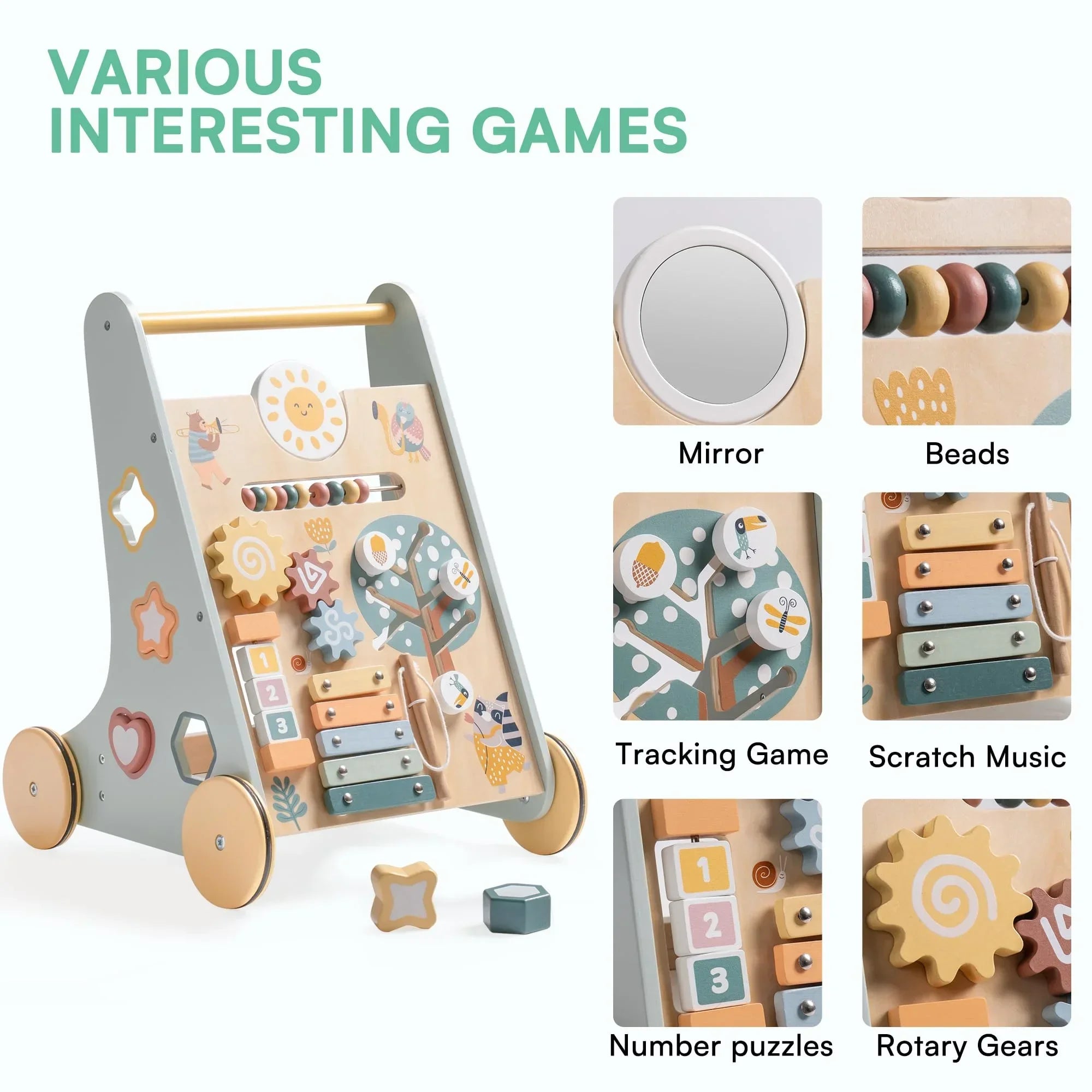 Wooden educational toy with various interactive elements on a white background