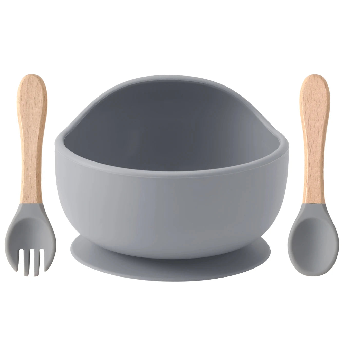 Pebble silicone suction bowl with wooden spoon and fork
