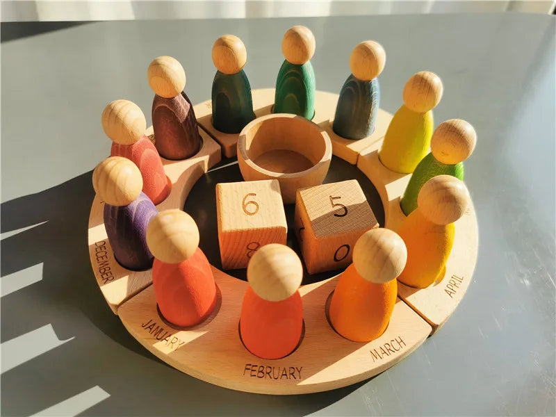 Wooden toy set with peg people and numbered blocks on a circular wooden base.