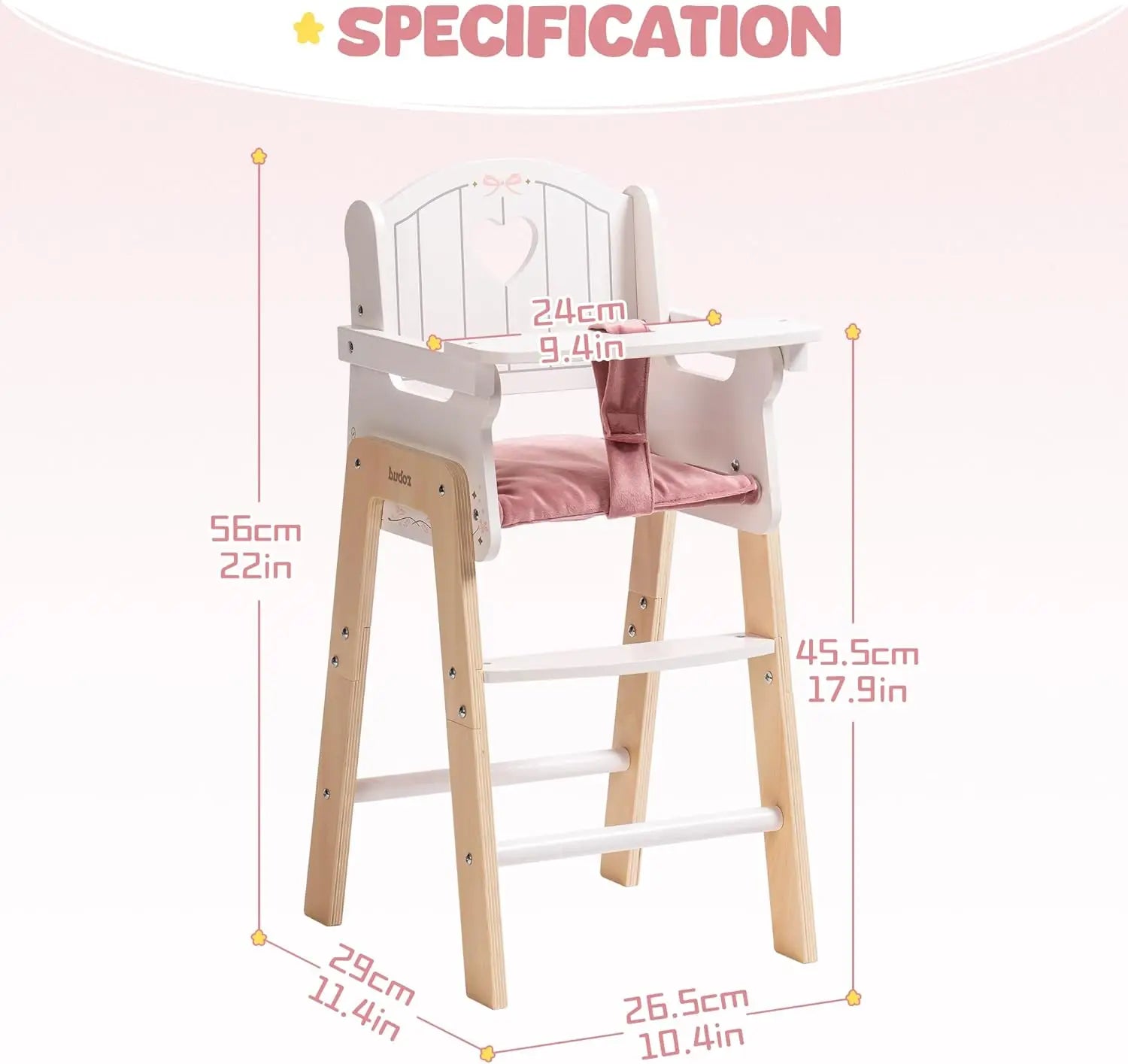 Wooden high chair with pink cushion and measurements on a white background