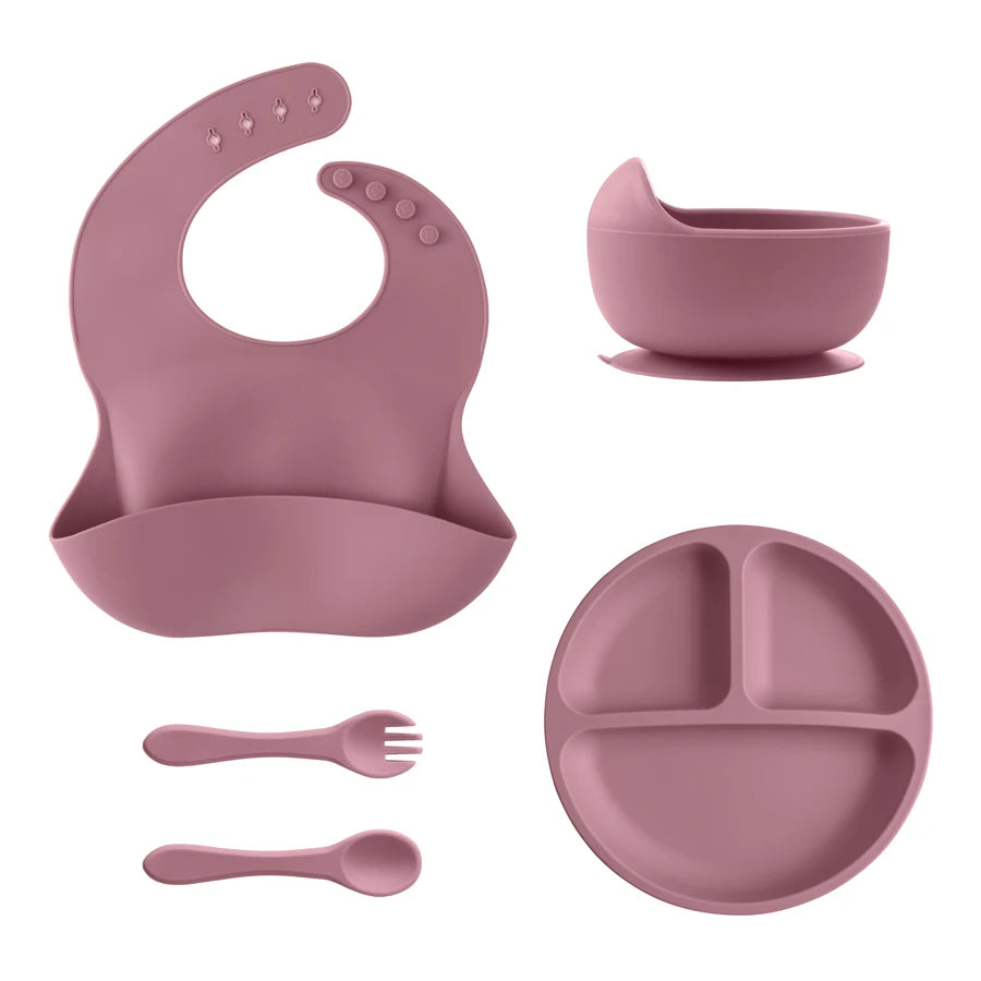 Mauve bib, divided plate, bowl, spoon and fork