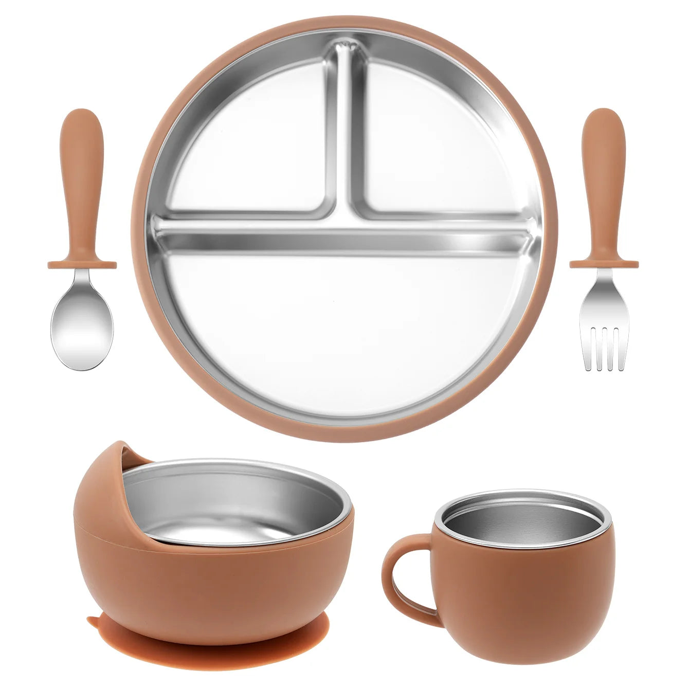 5-Piece Stainless Steel Silicone Baby Feeding Set with Cup | Oliver Montessori Toys