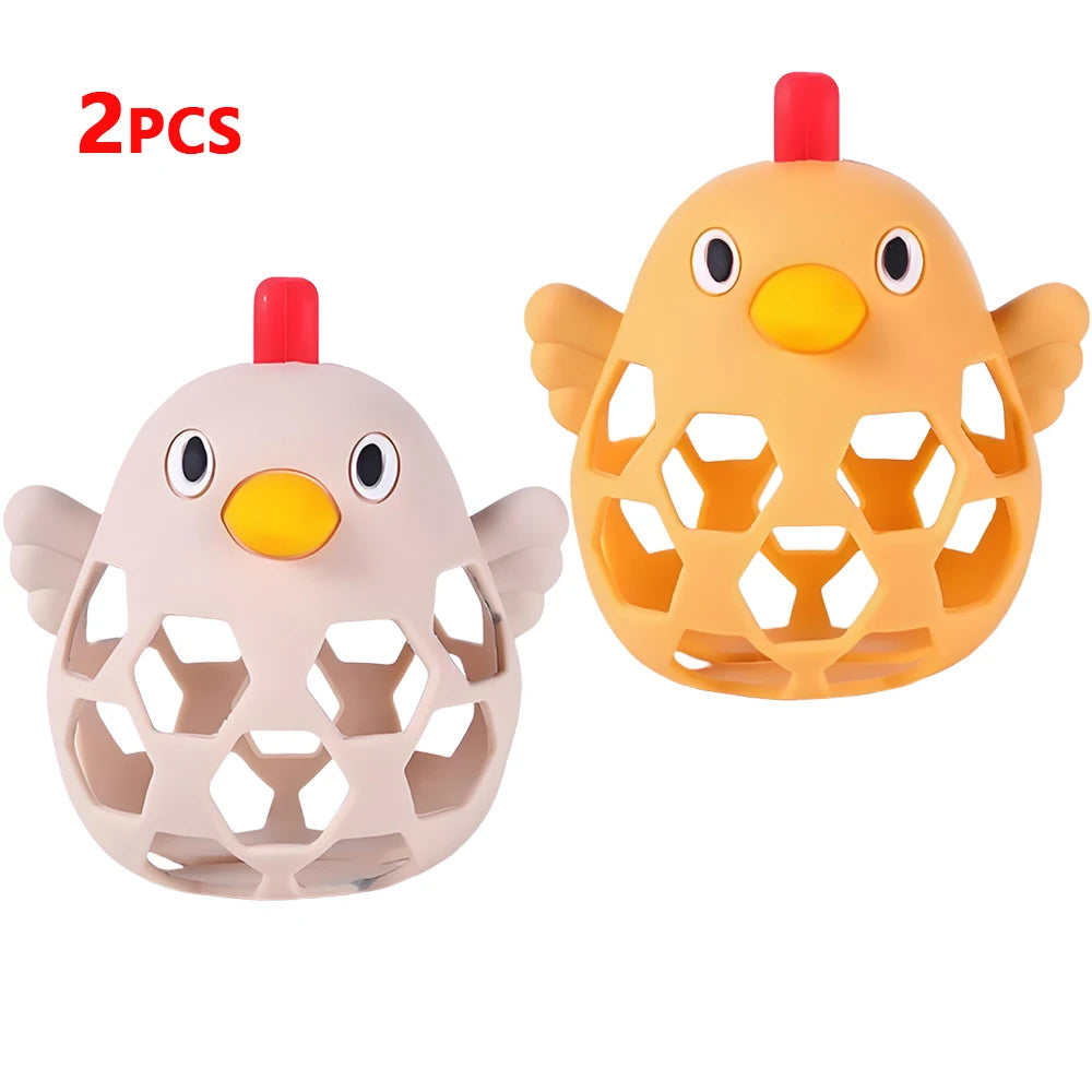 Two chicken-shaped toys, one beige and one orange, on a white background.