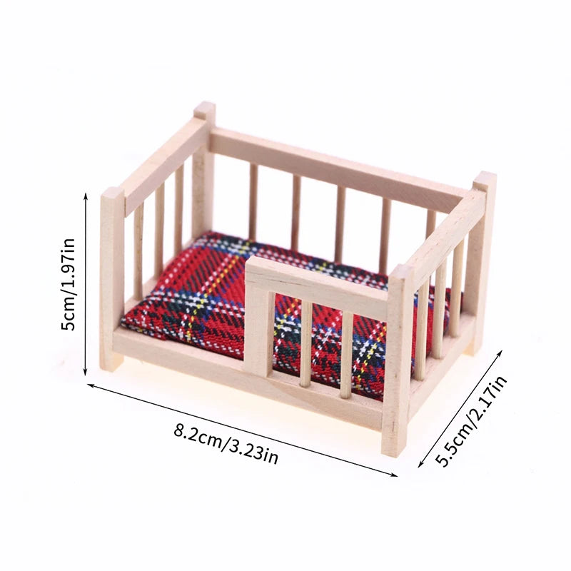 Small wooden bed with colorful bedding and dimensions labeled on a white background