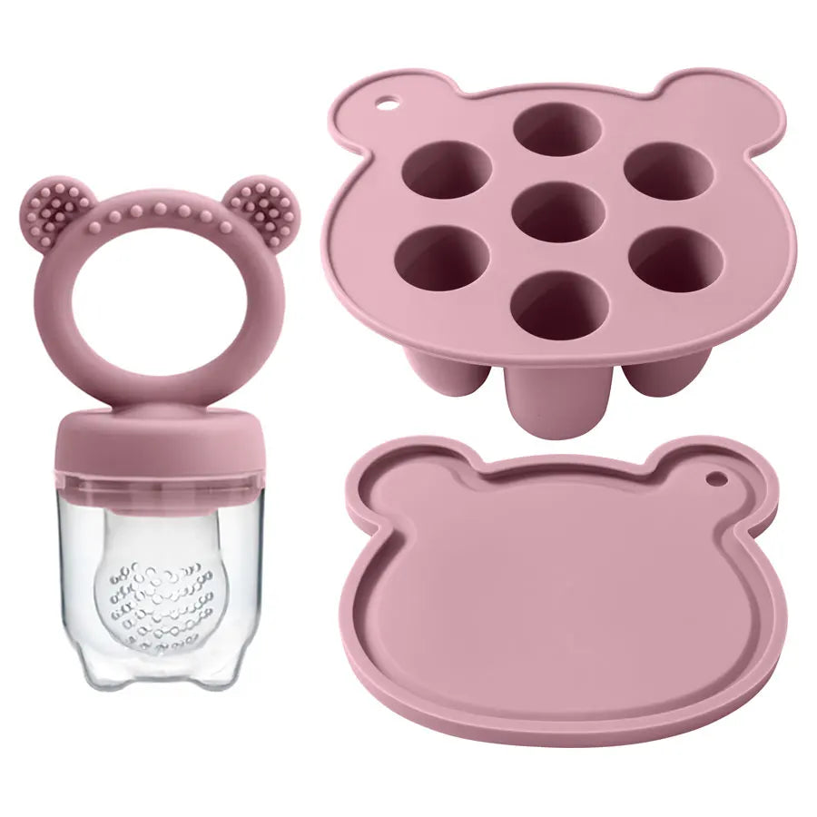 Powder rose popsicle tray, lid and fruit feeder