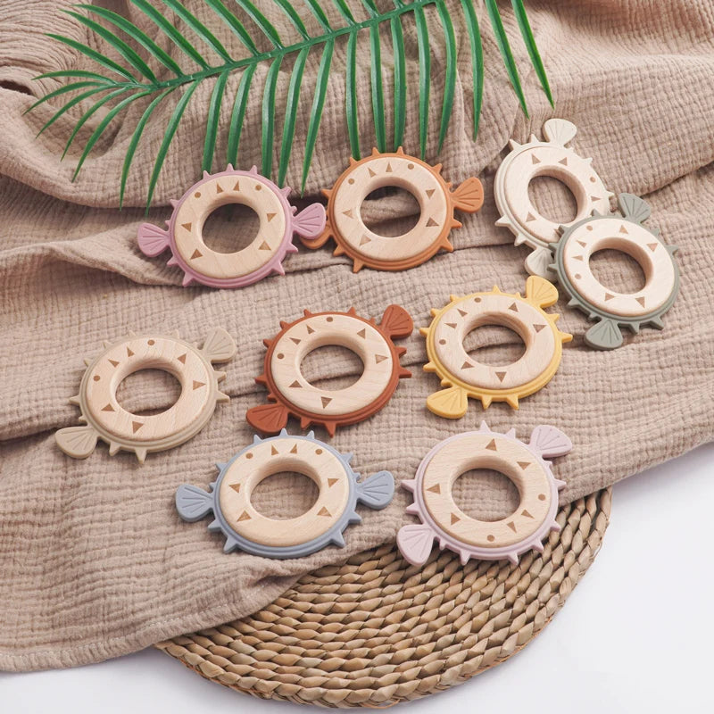 Pufferfish wooden ring teethers in many soft colors