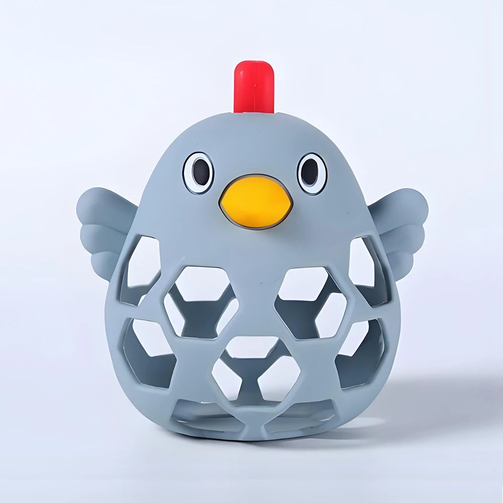 Toy shaped like a penguin with a red roof on a light gray background