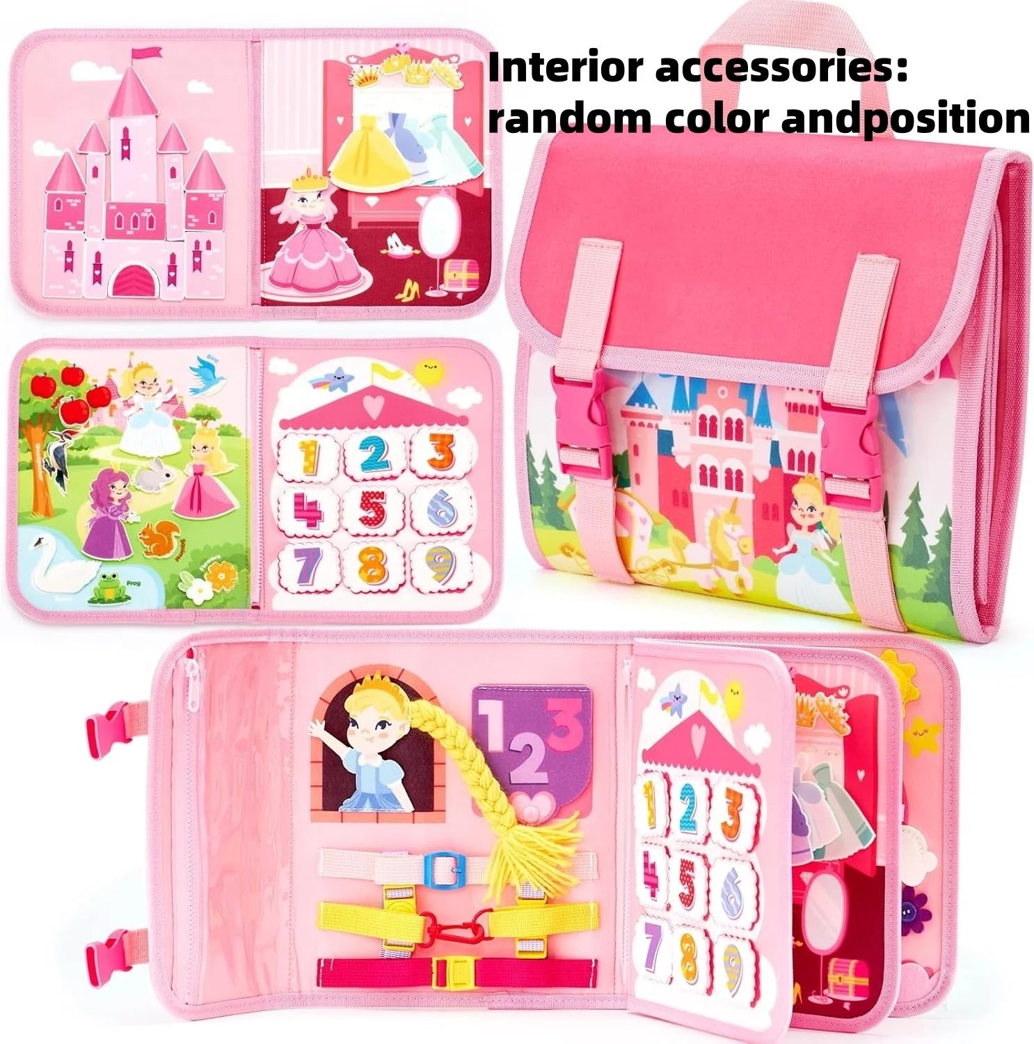 Pink children's educational toy with princess-themed compartments and activities.