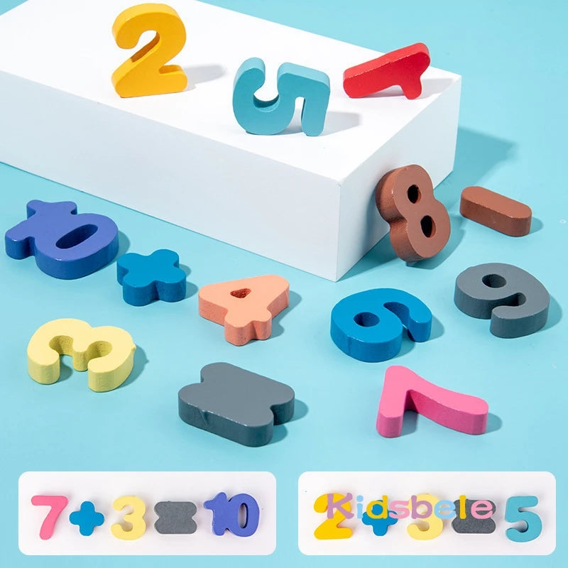 Colorful wooden numbers and letters on a blue background with 'Kidsbelles' branding.