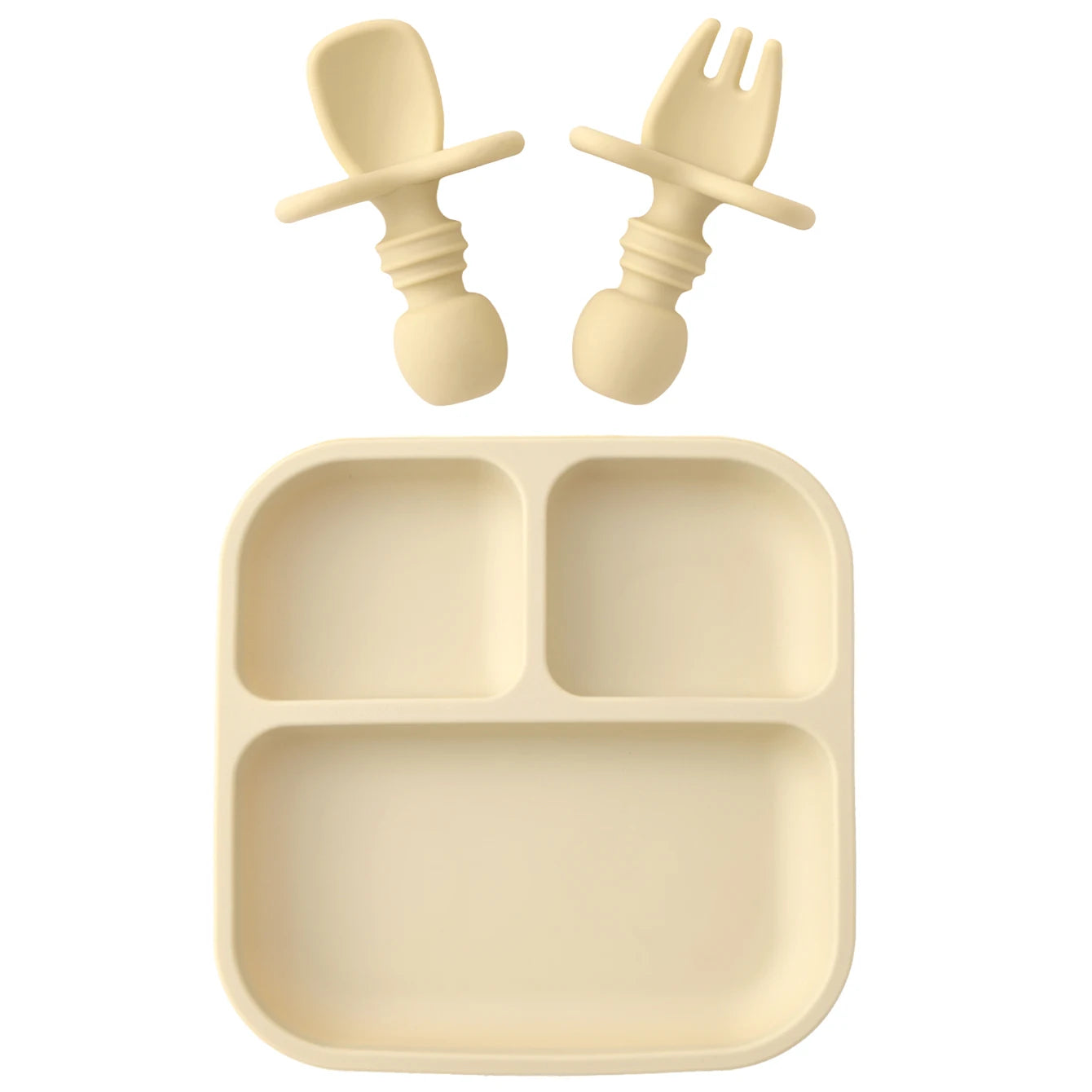 Beige children's plate with fork and spoon on a white background