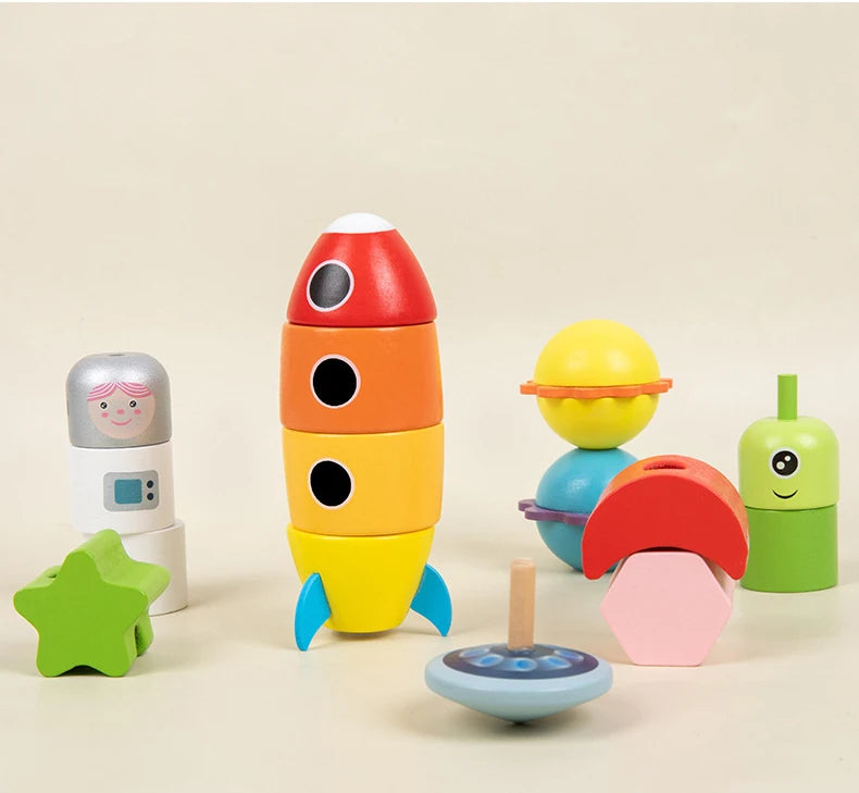 Colorful children's toys including a rocket, balls, and geometric shapes on a beige background
