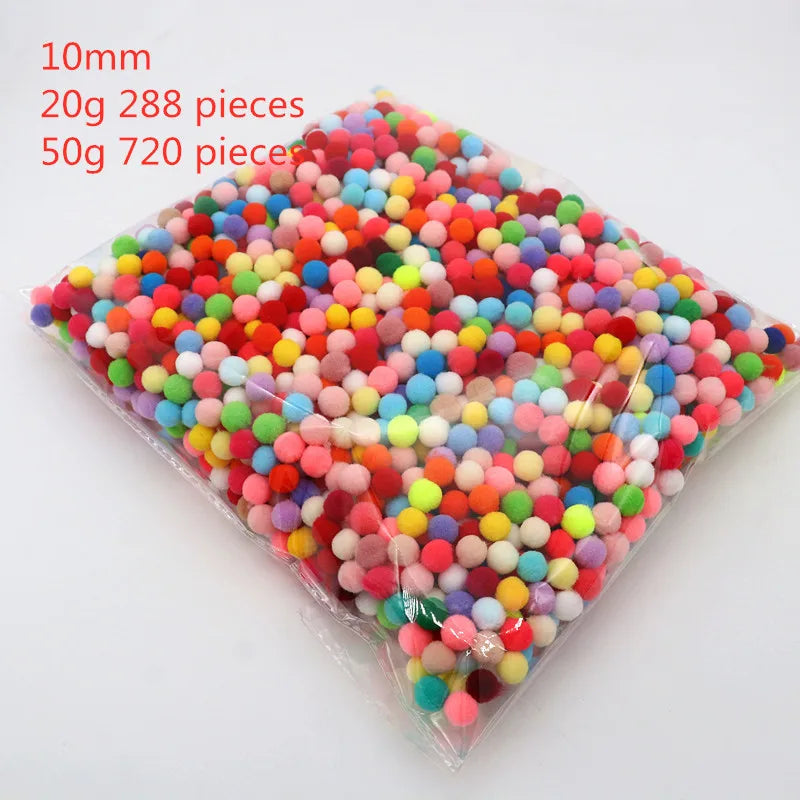 8-30mm Mixed High Elasticity Soft Pompoms in a transparent bag, ideal for diverse DIY crafts and creative projects.