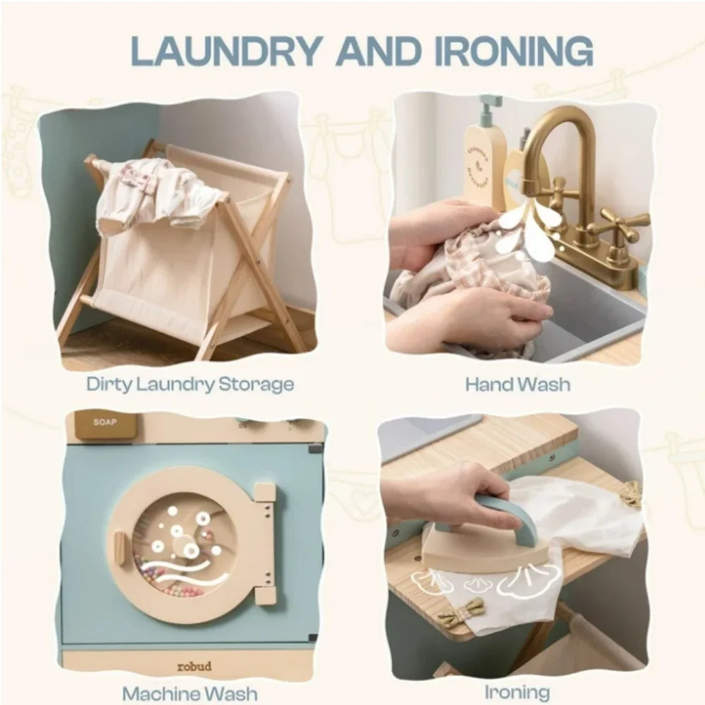 Collage of laundry and ironing products including a laundry basket, sink, washing machine, and iron.