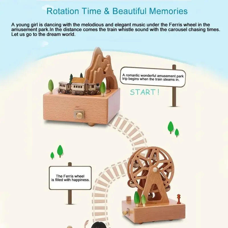 Wooden Ferris wheel music box with scenic background and text | Oliver & Company Montessori Toys