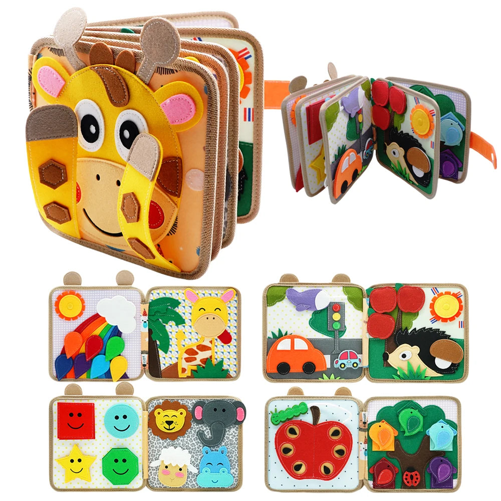 Children's soft book with animal faces and colorful pages on a white background