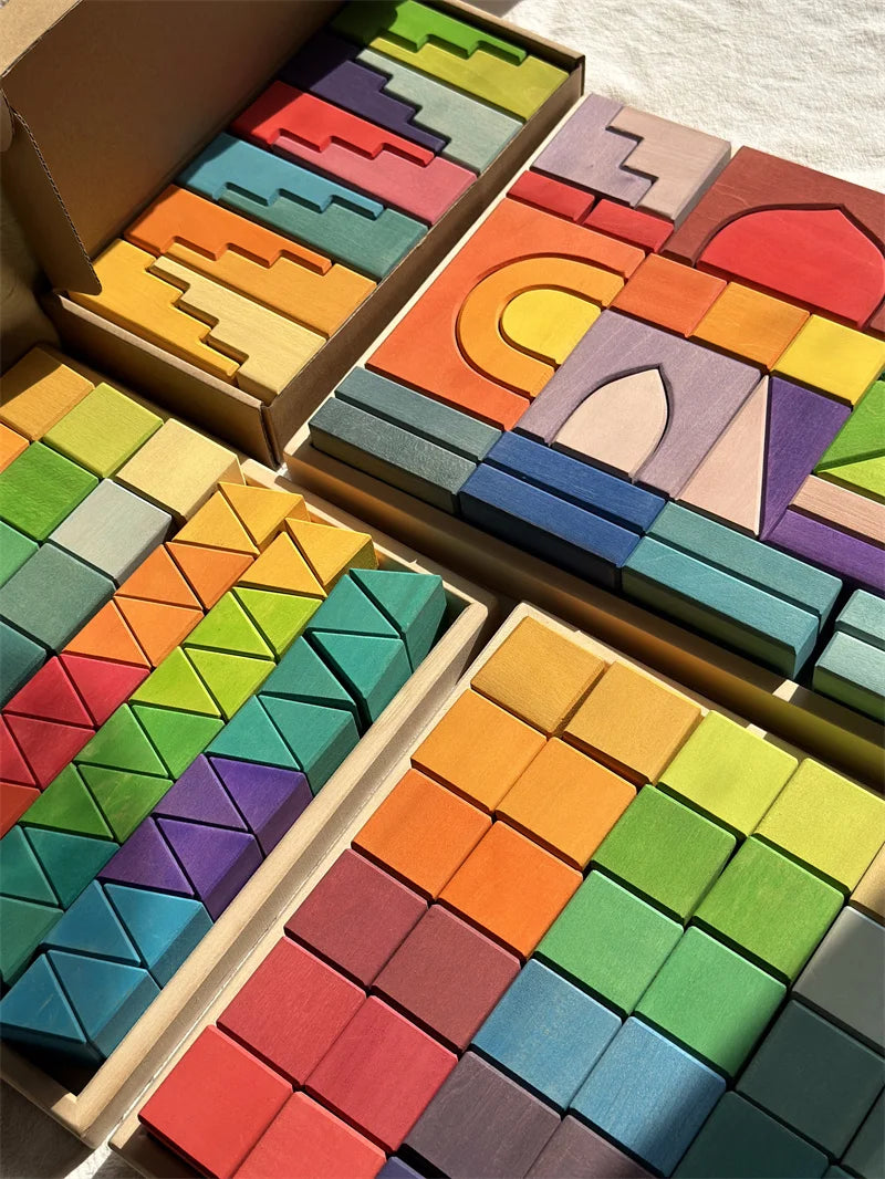 Colorful wooden tangram puzzle set with pieces arranged on a flat surface.