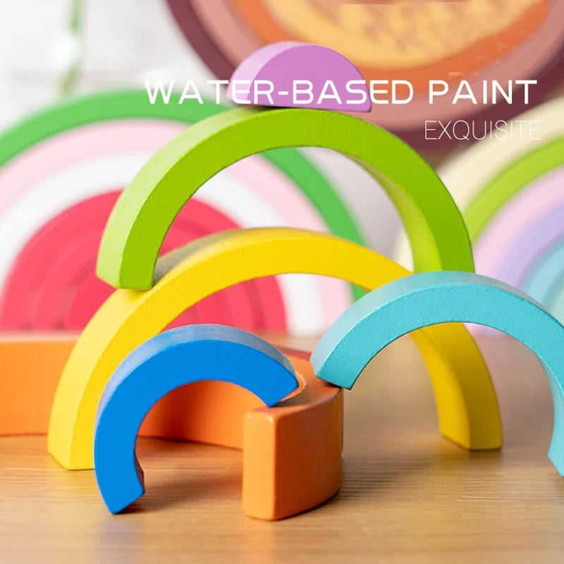 Colorful wooden arches with water-based paint text overlay