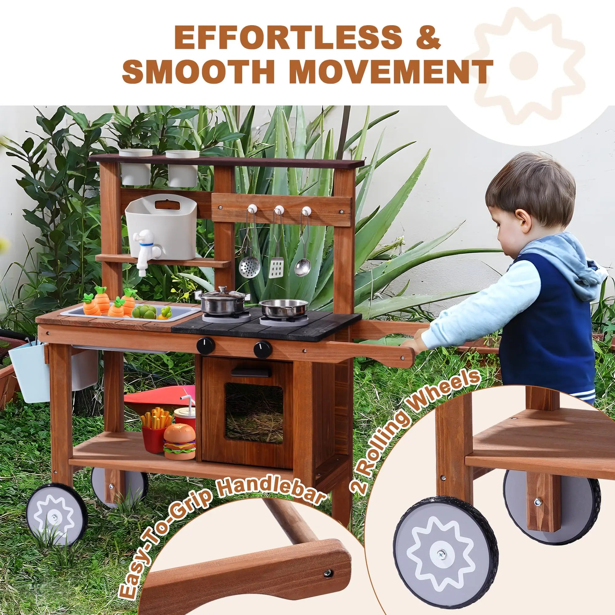 Wooden Mud Kitchen with Wheels - Outdoor Play Kitchen on Cart