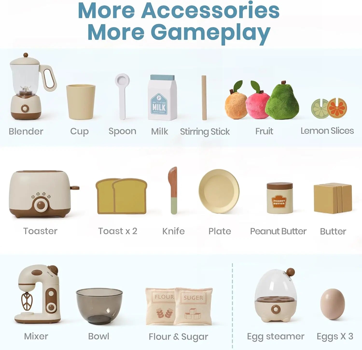 Collection of kitchen accessories with text 'More Accessories More Gameplay' on a white background.
