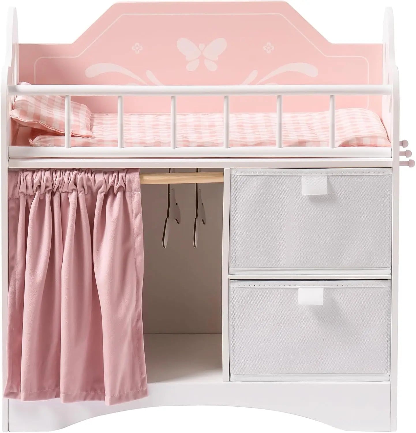 Pink and white children's bed with desk and drawers