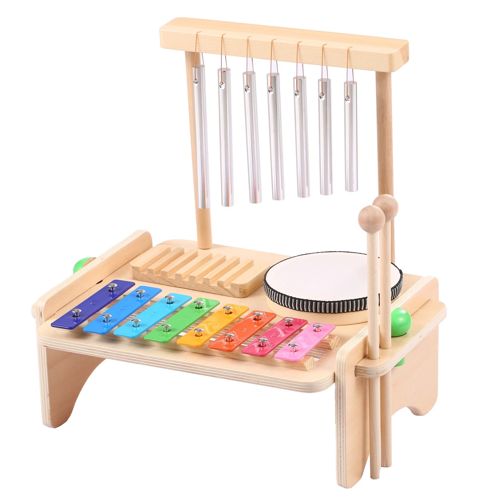 Children's musical instrument set with xylophone, glockenspiel, and drum on a white background