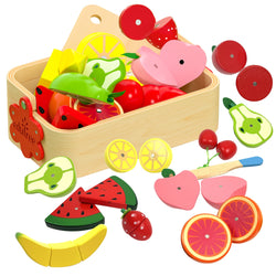 Educational wooden magnetic cutting playset with fruits, vegetables, and desserts. Comes in a wooden box for organized storage.