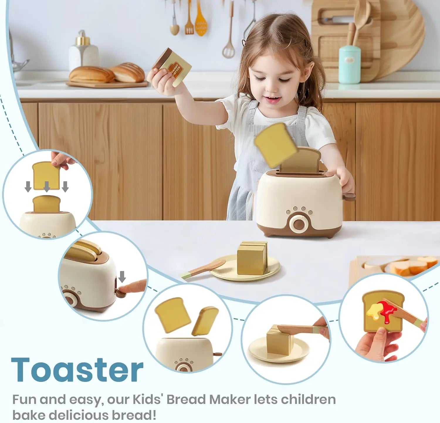 Child playing with a toy toaster in a kitchen setting