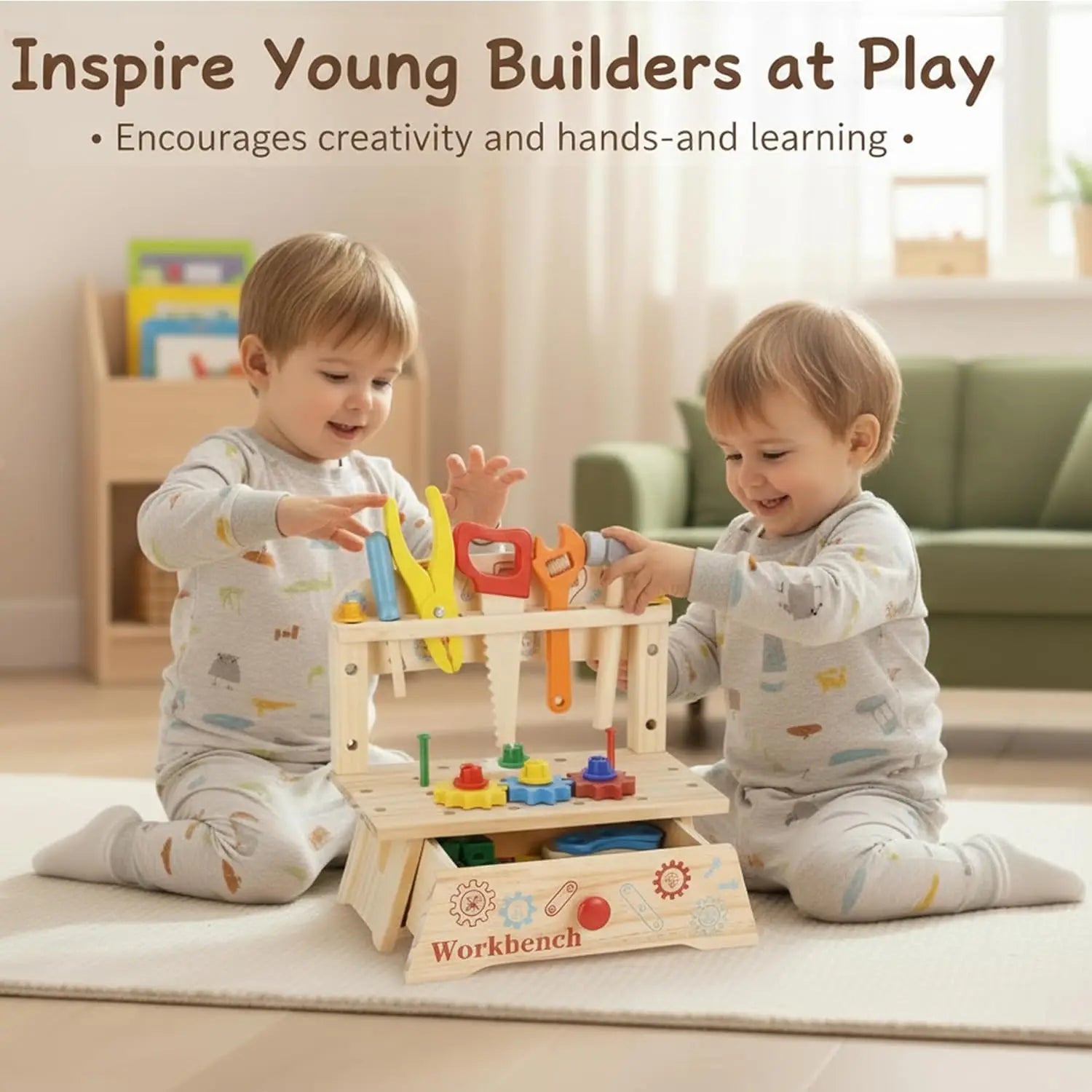 Wooden Tool Bench for Kids Pretend Play Construction Toy