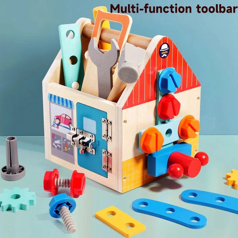 Montessori Wooden House Busy Board featuring a toy toolbox with various tools, designed to enhance motor skills and sensory development for children ages 3 and up.