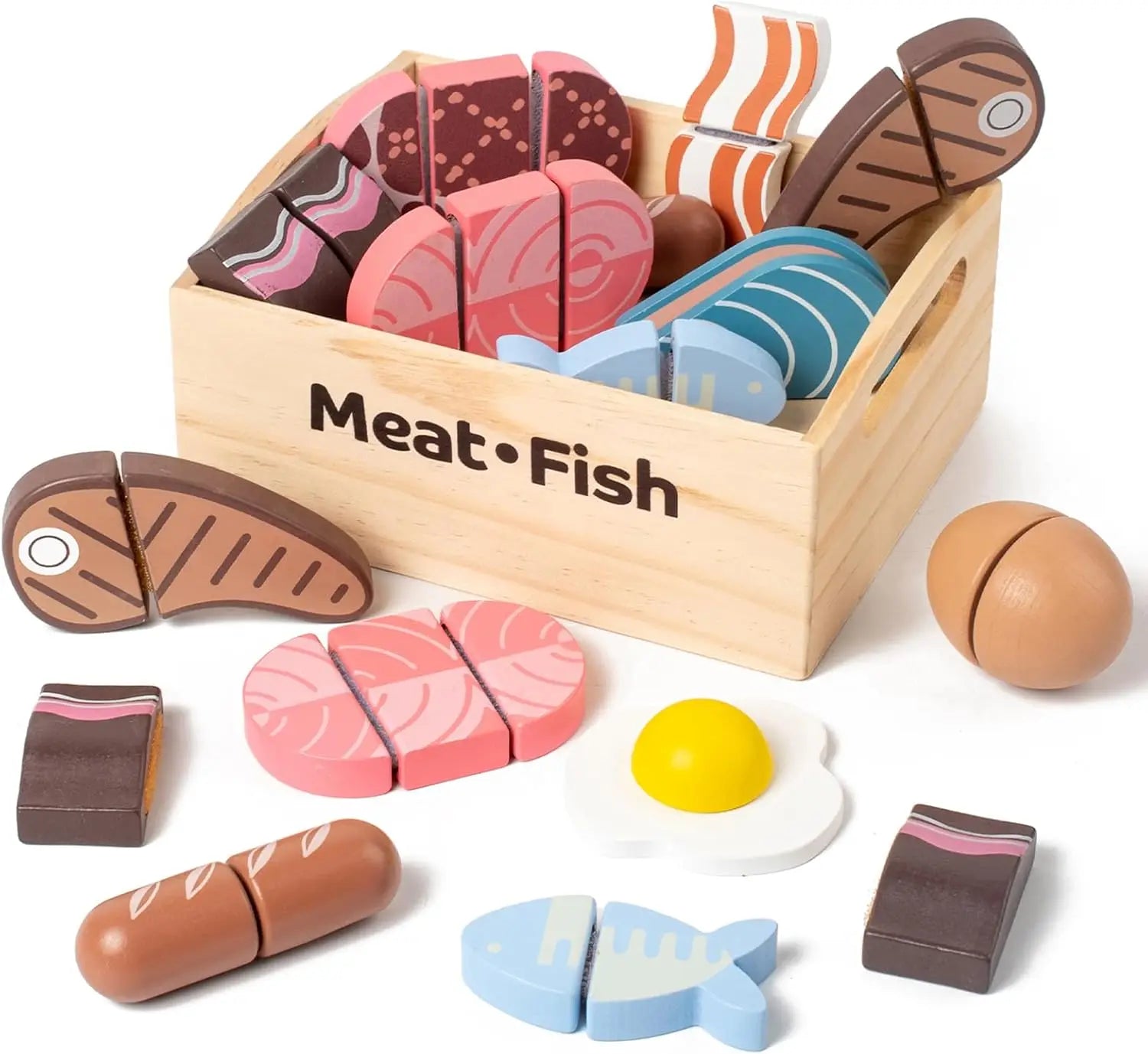 Wooden toy food set with a box labeled 'Meat Fish' on a white background
