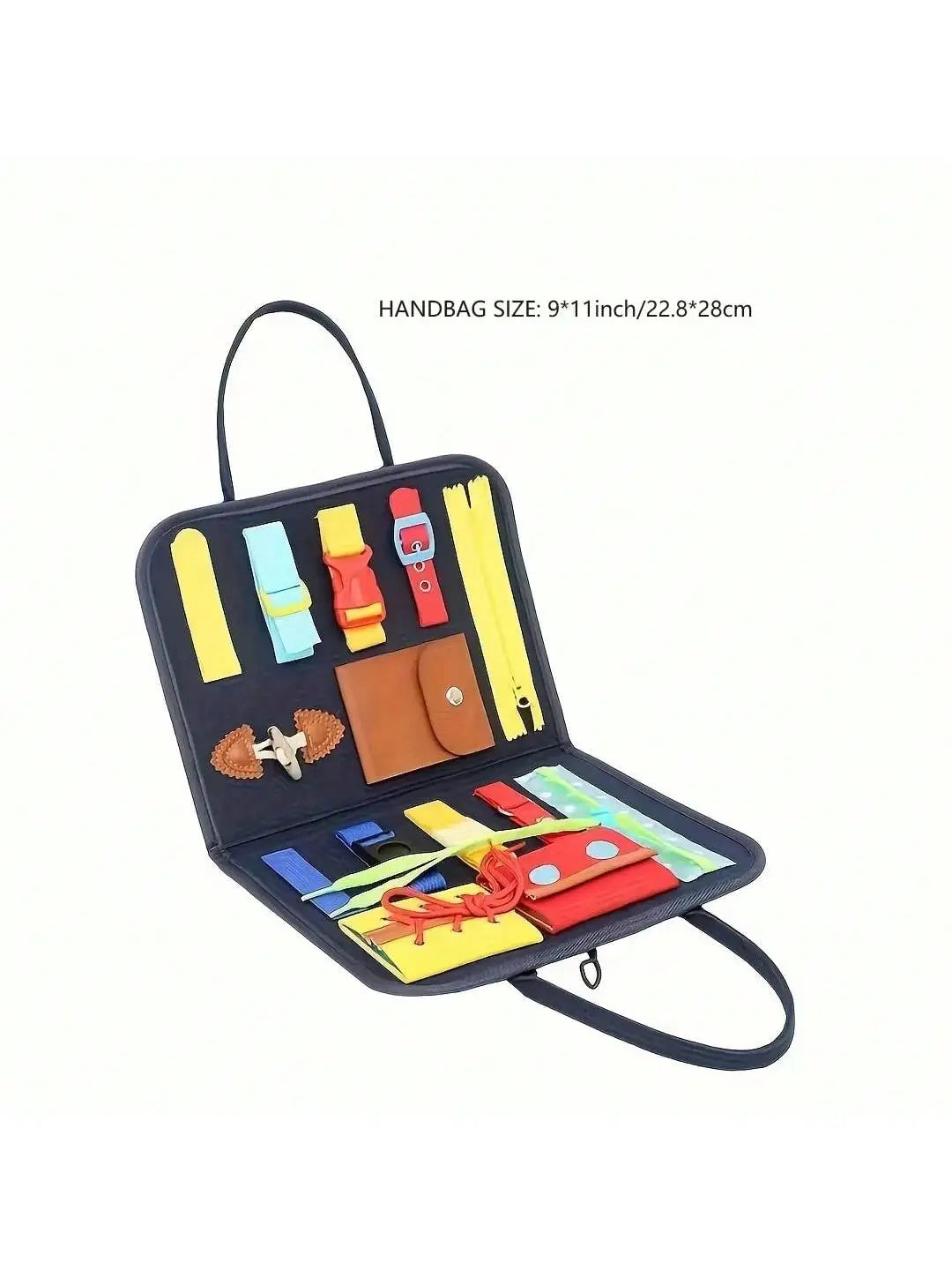 Handbag with various accessories displayed on a white background