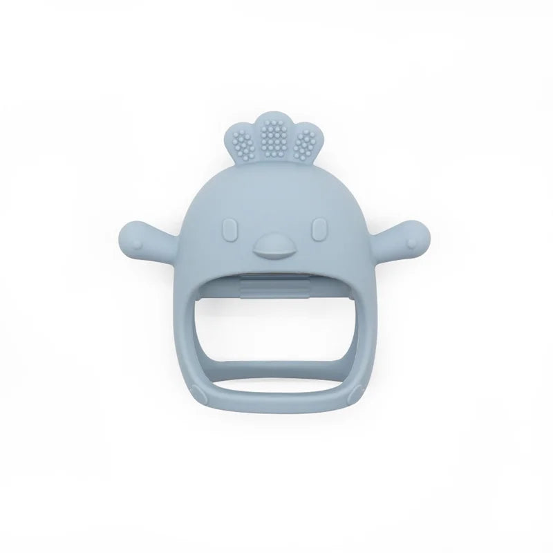 Blue baby teether with a bear design on a white background