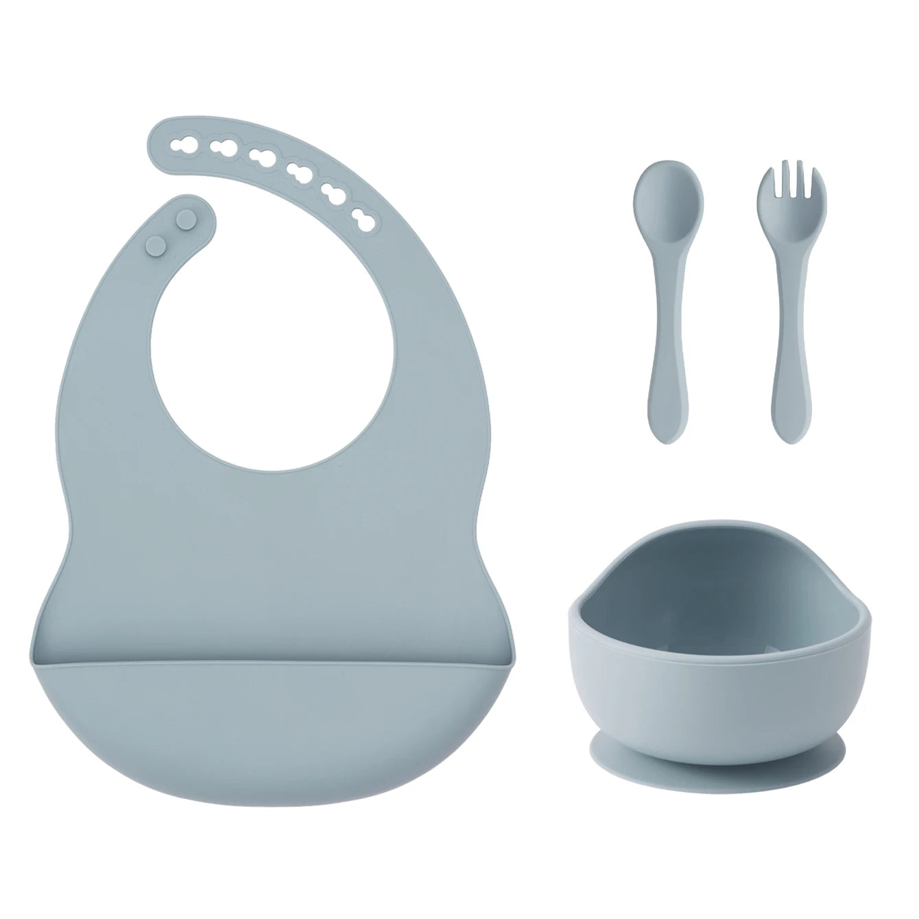Ether silicone bib, suction bowl, spoon and fork set
